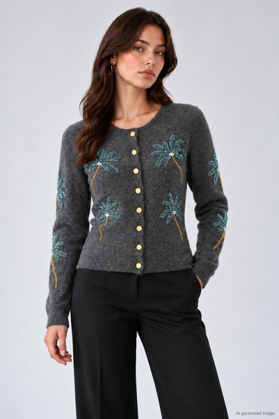 Lupies Women's Crew Neck Wool Knit Cardigan embellished with stones