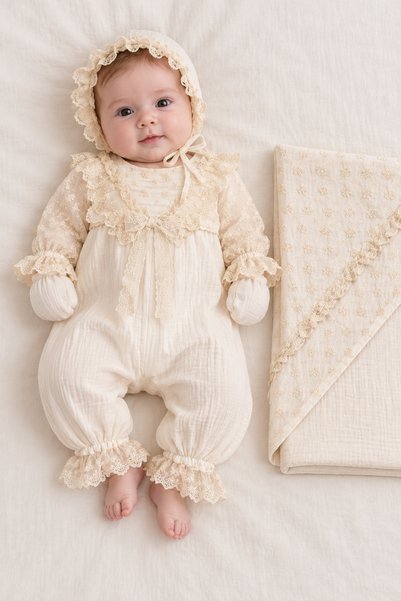 Naka Concept Lina Lace Kopanakı Muslin 4-Piece Girl Baby Hospital Outfit Set ...
