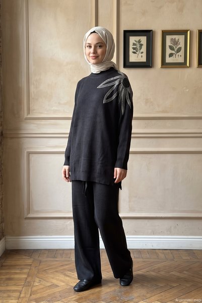 Levidor Knit Suit with Shoulder Detail and Pants, 101060, Black