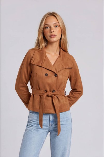 Reji Mock Neck Suede Trench Coat with Buttons
