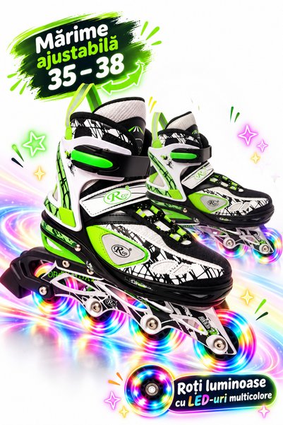 RCO Role reglabile, marimea 35–38, roti cu LED-uri multicolore din silicon, s...
