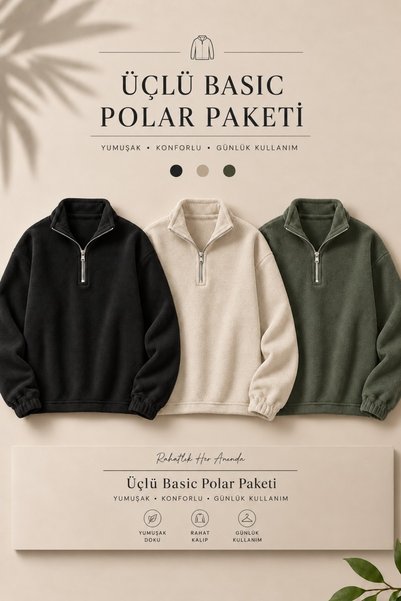 DAMGA JEANS 3 ανδρικά φούτερ από φλις με μισό φερμουάρ που κρατούν ζεστά