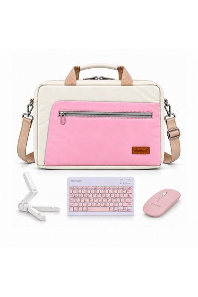 Microcase iPad Pro 12.9 inch ile uyumlu 4in1 SET Tablet Çanta + Bluetooth Klavye + Mouse + Tablet Standı Krem Pembe - PEMBE AL5924