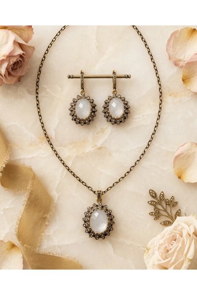 Dorvina Bronze Women's Copper Jewelry Set with Zircon Accents, Opaque White Z...