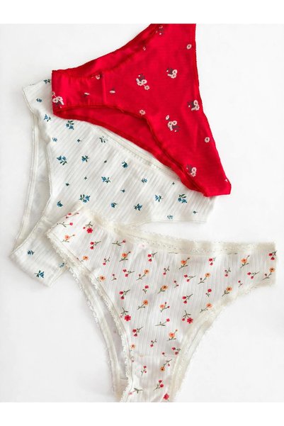 Asluna Women's Cotton Floral Print Panties, 3-Pack – Available in Red and White