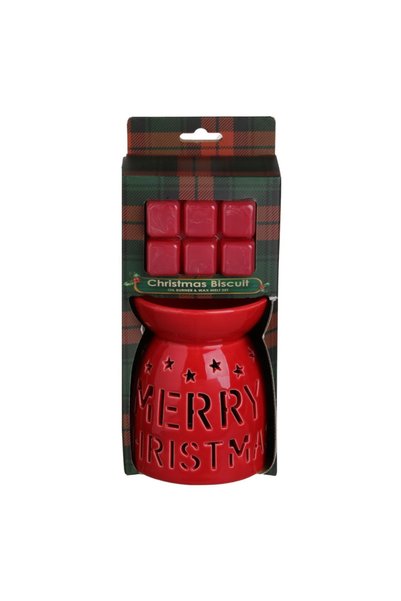 Belora Red Christmas Ceramic Wax Melt Holder Set & 6 Christmas Biscuit Wax Me...