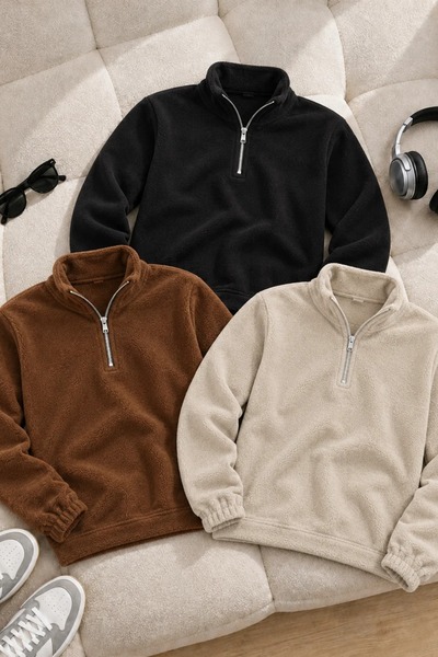 DAMGA JEANS 3 Men's Zip-Up Mock Neck Fleece Sweatshirts