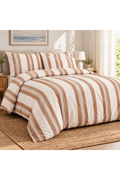 Çift Kişilik Çizgili Nevresim Takımı 4 Parça Çarşaflı 200x220 cm %80 Pamuk %20 Polyester Pure