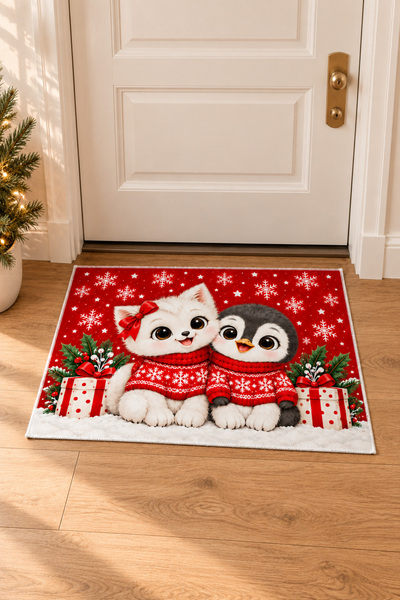 Artvibe New Year's-Themed Doormat with Cute Penguin and Cat Designs and a Non...
