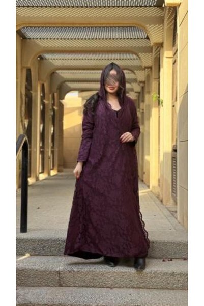 DAR LAHA Abaya D651 - Winter velvet fabric with half-flared lace - Mauve