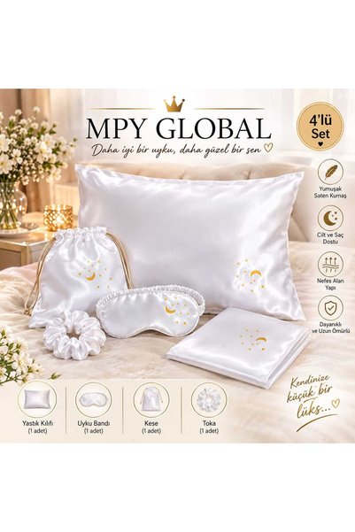 MPY GLOBAL Set de mireasă din satin alb, cu model stea și lună: față de pernă...