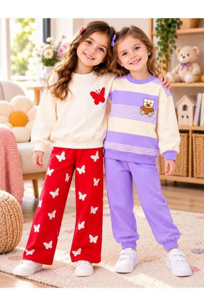 POFİ MİNO KİDS 2-Piece Sweatshirt Set with Red Butterfly Print for Girls