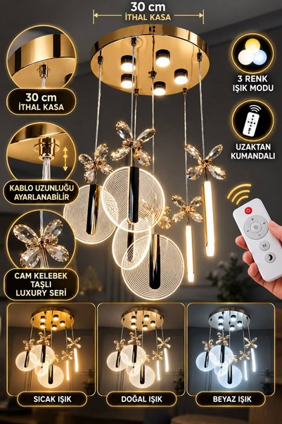 bella lighting CD Gold 4lü Sarı Kaplama İthal Kasalı LED Avize 3 Renk Işık Mo...