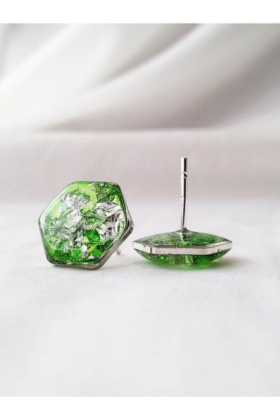 EmilyRAY Cercei cu Foiță din Argint în rășină verde • GREEN HEXA • Oțel Inoxi...