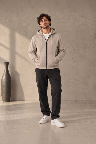Erkek 3 İplik İçi Polarlı Kapüşonlu Kışlık Regular Fit Fermuarlı Sweatshirt Ceket