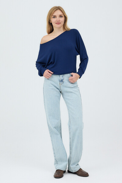 martedi Navy Blue Boat Neck Batwing Sleeve Loose-Fit Blouse