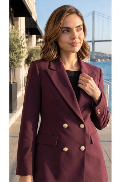 BLUSS Women's Double-Breasted Blazer - RED VELVET Burgundy
