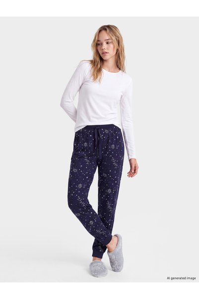 LC Waikiki LCW DREAM Navy Blue Jersey Patterned Women's Pajama Bottoms, Featu...