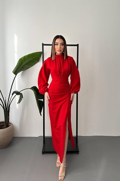 WeShaya Red Front Gathered Skirt Slit Dress