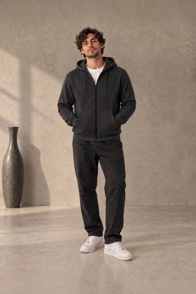 Erkek 3 İplik İçi Polarlı Kapüşonlu Kışlık Regular Fit Fermuarlı Sweatshirt Ceket