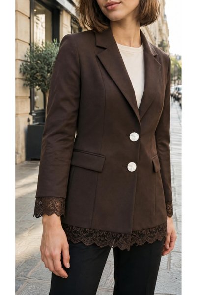 BLUSS Women's Two-Button Blazer with Lace Details - DARK TRUFFLE Brown