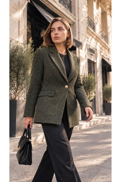 BLUSS Women's Glittery Tweed Single-Button Blazer - MOSS Khaki