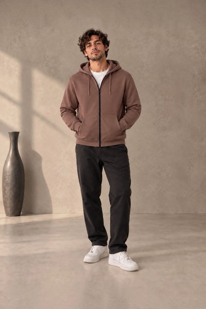 Erkek 3 İplik İçi Polarlı Kapüşonlu Kışlık Regular Fit Fermuarlı Sweatshirt Ceket