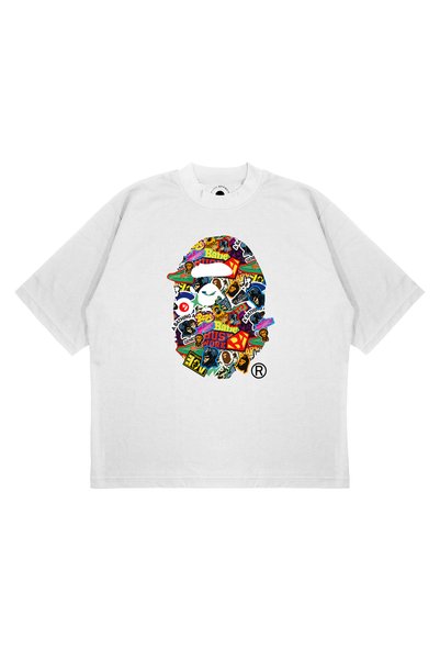 PURE EFFECT تيشيرت Bape للجنسين، مقاس أوفر سايز، بتصميم مدمج، بنقشة مختلطة جد...