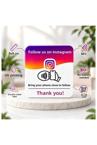 mcaris Nfc Instagram Follow Card 9X9 cm Uv Printed Plexiglass Contactless Profile Follow Card with Tape Single