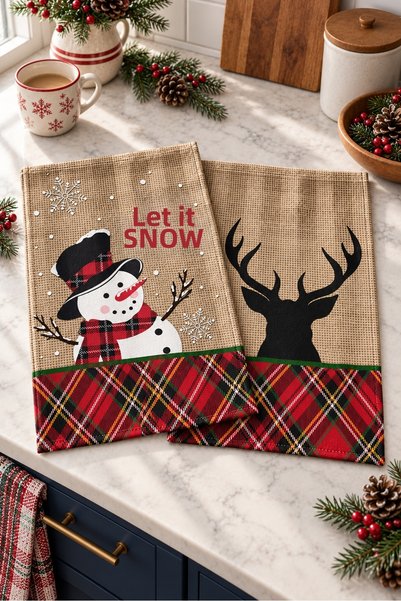 Evmila Let It Snow Snowman and Reindeer Plaid-Patterned Digitally Printed 2-P...