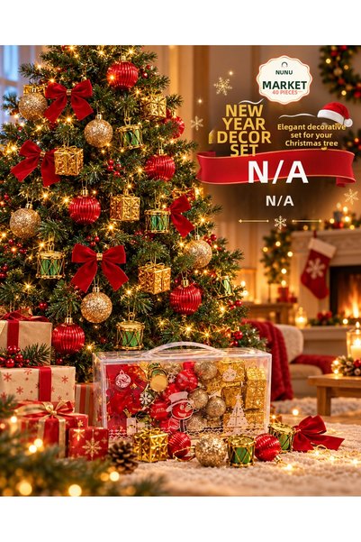 NUNU 40-Piece Christmas Tree Ornament Set / Red and Gold Balls, Bows, Gift Wr...