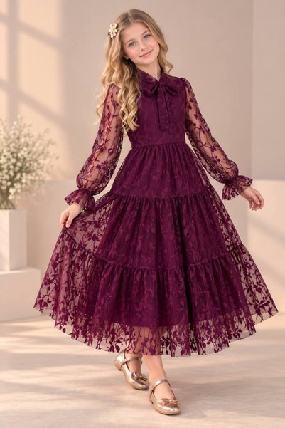 ABİYEKİDS Lacy Leaf Patterned Full Length Plum Children's Evening Dress Aby4463