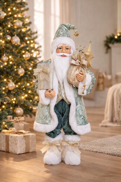 Comerivo Mos Craciun decorativ 60cm cu costum verde menta si accesorii aurii
