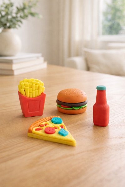 Comerivo Radiere 3D mancare - set 4 bucati pizza, burger, cartofi si ketchup