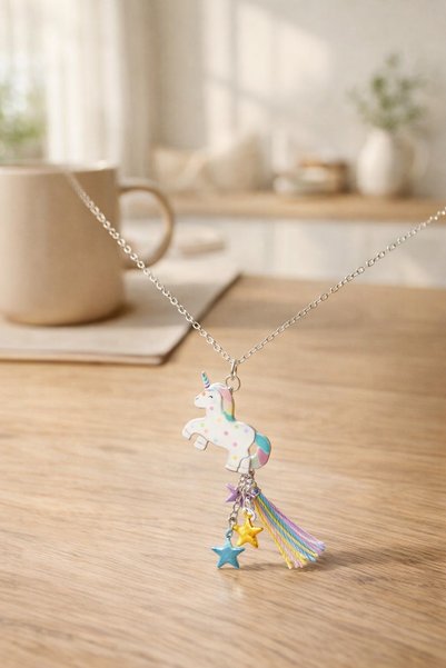 Comerivo Colier pentru copii cu lanț argintiu și pandantiv unicorn cu steluțe...