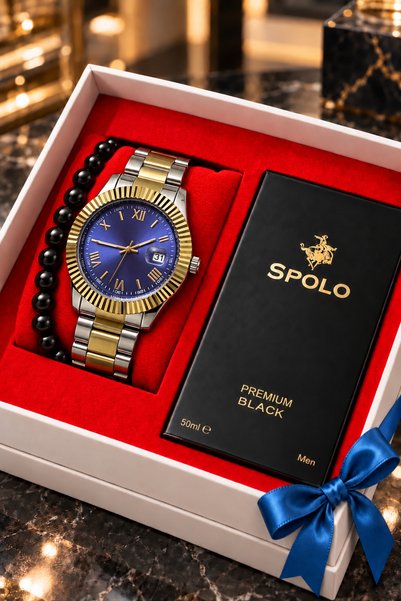 S.POLO HEDİYELİK KUTULU ERKEK KOL SAATİ 50ML BLACK PREMIUM ERKEK PARFÜM SEVGİ...