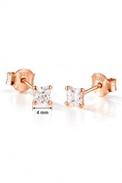Nereze 925 Ayar Gümüş Rose Kaplama 4 mm Kare Star Kesim Minimal Tektaş Küpe