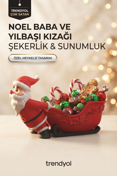 Jüjü Design 3D Baskı Noel Baba Kızak Figürlü Şekerlik ve Sunumluk Kırmızı 14 cm