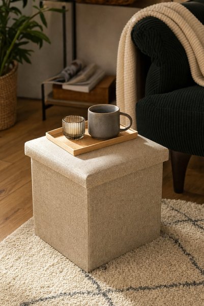 Comerivo Taburet cu spatiu de depozitare bej 30x30x30cm, pliabil cu capac