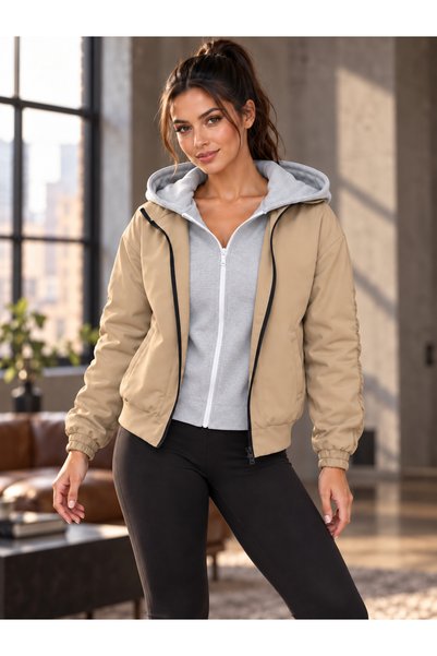Afri Beige Women's Hooded Double-Zip Bomber Jacket – With Ruched Sleeve Detai...