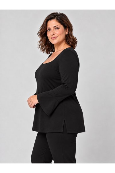 Curvy Trend Büyük Beden Kare Yaka Volan Kollu Bluz