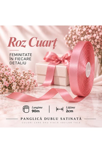 Papette Rolă Panglică Dublu Satinată ROZ CUARȚ, 2cm x 90m