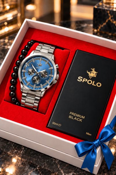 S.POLO HEDİYELİK KUTULU ERKEK KOL SAATİ 50ML BLACK PREMIUM ERKEK PARFÜM SEVGİ...