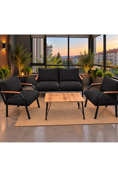 UFUK HOME Linda 2+1+1 Sehpalı Siyah Bahçe Balkon Takımı Fermuarlı Minderli Me...