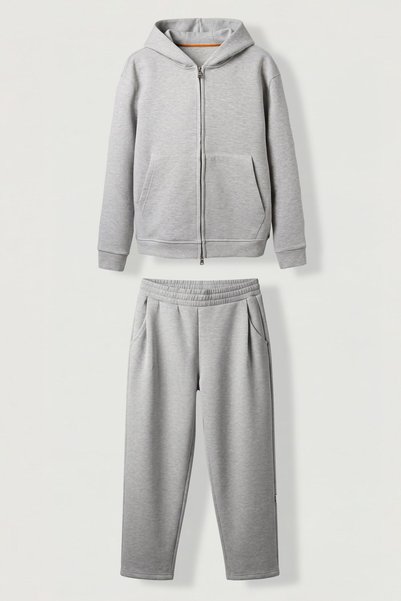 ablukaonline Unisex Oversize Scuba Zippered Hooded Tracksuit Set Gray Melange