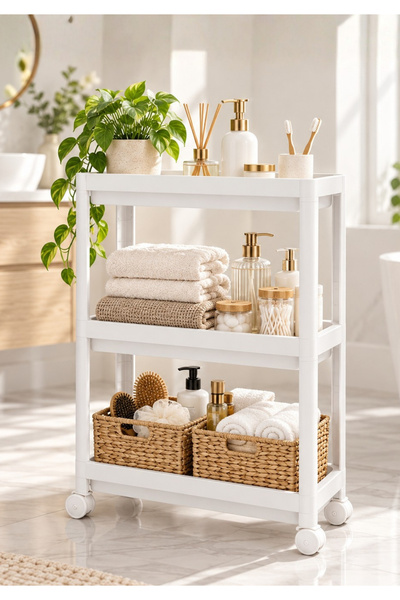 HOMİNG Slim 3 Katlı Tekerlekli Çok Amaçlı Banyo & Mutfak Düzenleyici Raf Beyaz