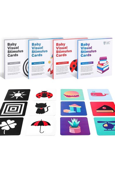QuTek Set 64 carti pentru stimulare vizuala si cognitiva bebelusi Montessori,...