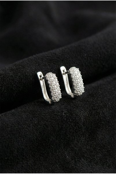Roza Silver 925 Ayar Zirkon Taşlı Rodyum J Klips Minimal Gümüş Küpe