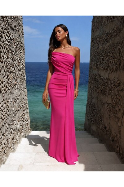 Modafeminen Stretch Fabric One-Shoulder Side Train Detailed Fish Cut Evening ...
