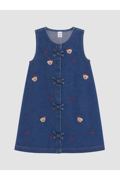 LC Waikiki Peak New Season Indigo Dress with Bow Detail and Embroidery for Girls